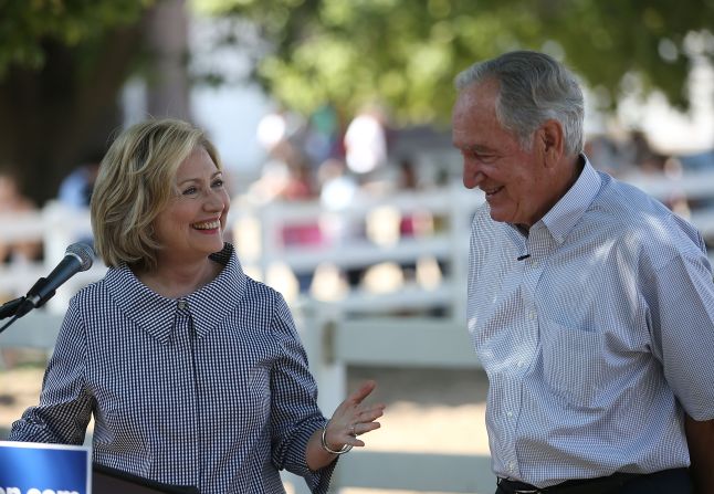Democratic presidential hopeful and former U.S. Secretary of State Hillary Clinton speaks at a news conference with former U.S. Sen. Tom Harkin on August 15.