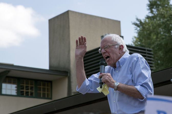 Sanders speaks at the Des Moines Register Soapbox on August 15.
