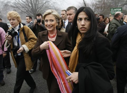 Abedin (right) accompanies then-Democratic presidential hopeful Sen. Hillary Clinton (D-New York) after Clinton voted in the Democratic primary election on February 5, 2008 in Chappaqua, New York.