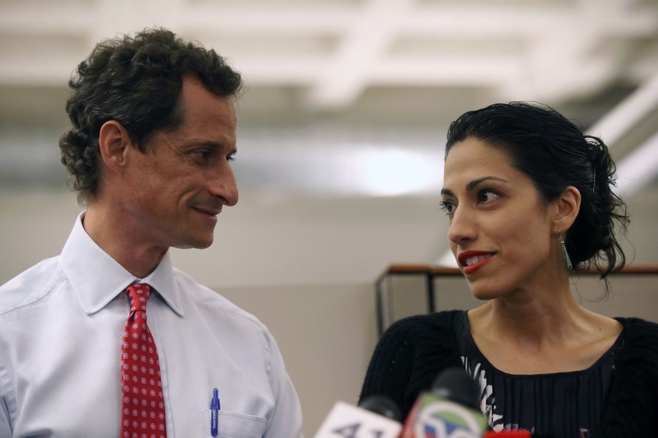 Abedin stands with her husband, Anthony Weiner, during a news conference on July 23, 2013 as he addressed new allegations that he engaged in lewd online conversations with a woman after he resigned from Congress for similar previous incidents. Weiner was running for mayor of New York City at the time.
