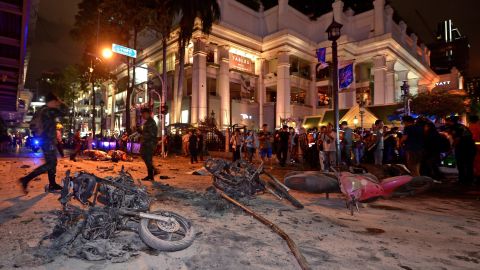 Thai soldiers inspect the scene of the explosion on August 17.