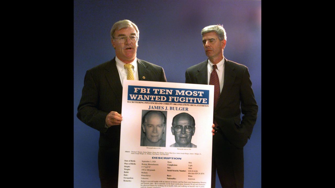 Special agent Barry Mawn and U.S. Attorney General Donald Stern hold a news conference naming Bulger to the FBI's Most Wanted List in August 1999. After more than 16 years on the run, Bulger and Greig were captured in California.