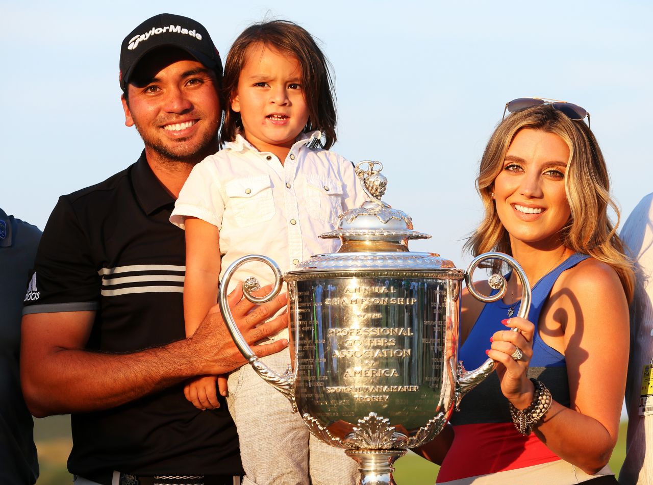 Jason Day with his pregnant wife Ellie and son Dash after winning the 2015 PGA Championship.