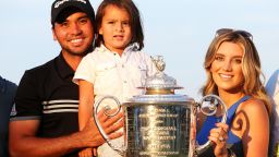 SHEBOYGAN, WI - AUGUST 16:  Jason Day of Australia poses with the Wanamaker trophy and his wife Ellie and son Dash after winning the 2015 PGA Championship with a score of 20-under par at Whistling Straits on August 16, 2015 in Sheboygan, Wisconsin.  (Photo by Andrew Redington/Getty Images)