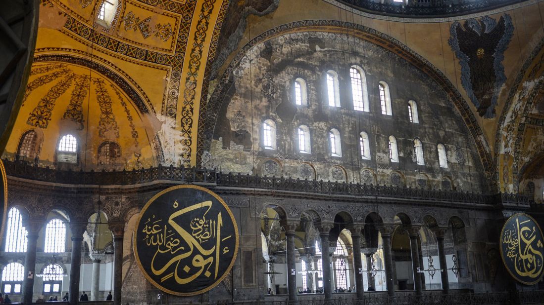 Istanbul's beautiful  1,500-year-old Aya Sofya serves simultaneously as church, mosque and museum.