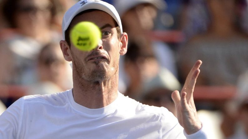 Andy Murray hits a shot during the final of the Rogers Cup tournament in Montreal on Sunday, August 16. Murray defeated Novak Djokovic in three sets.