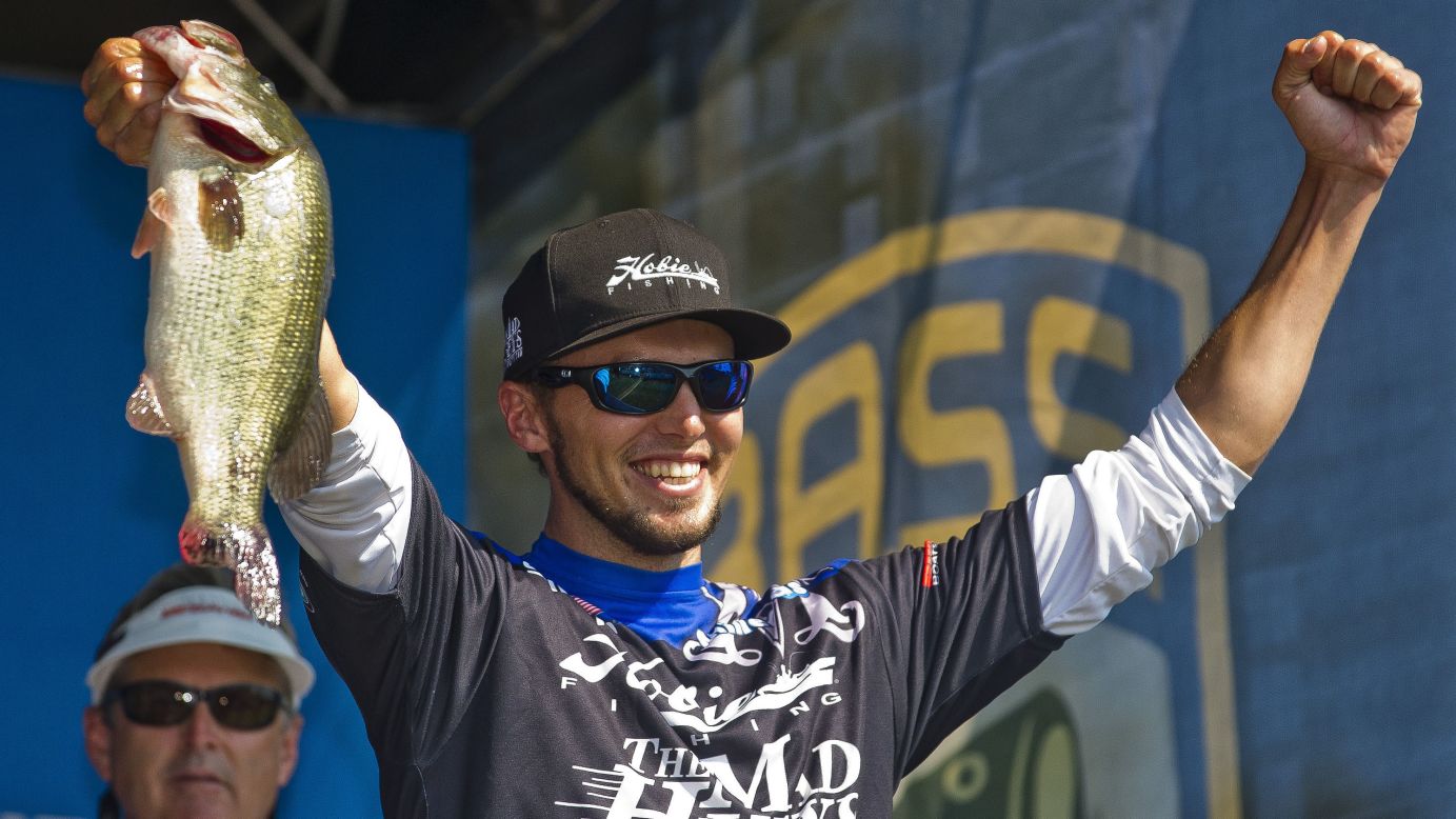 Carl Jocumsen shows off his big catch during a Bassmaster Elite tournament in northeast Maryland on Sunday, August 16.