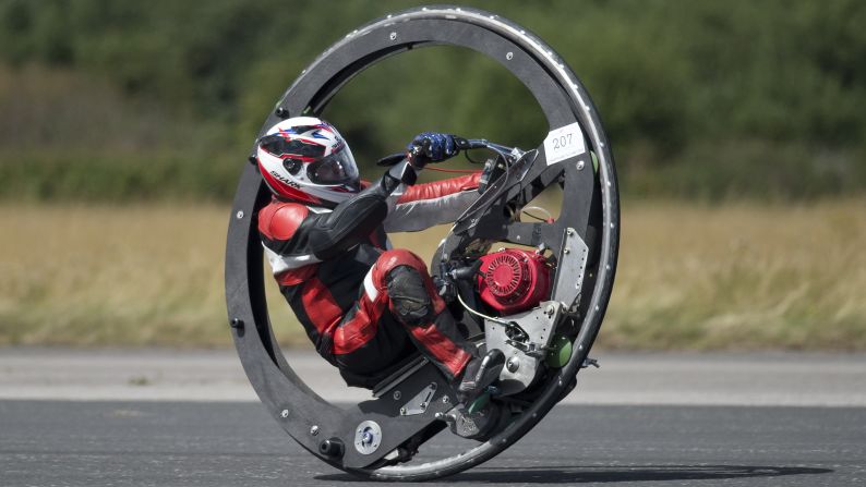 Kevin Scott rides on his unorthodox "Warhorse" motorbike as he tries to set a personal record at the Northern Speed Trials near York, England, on Saturday, August 15.