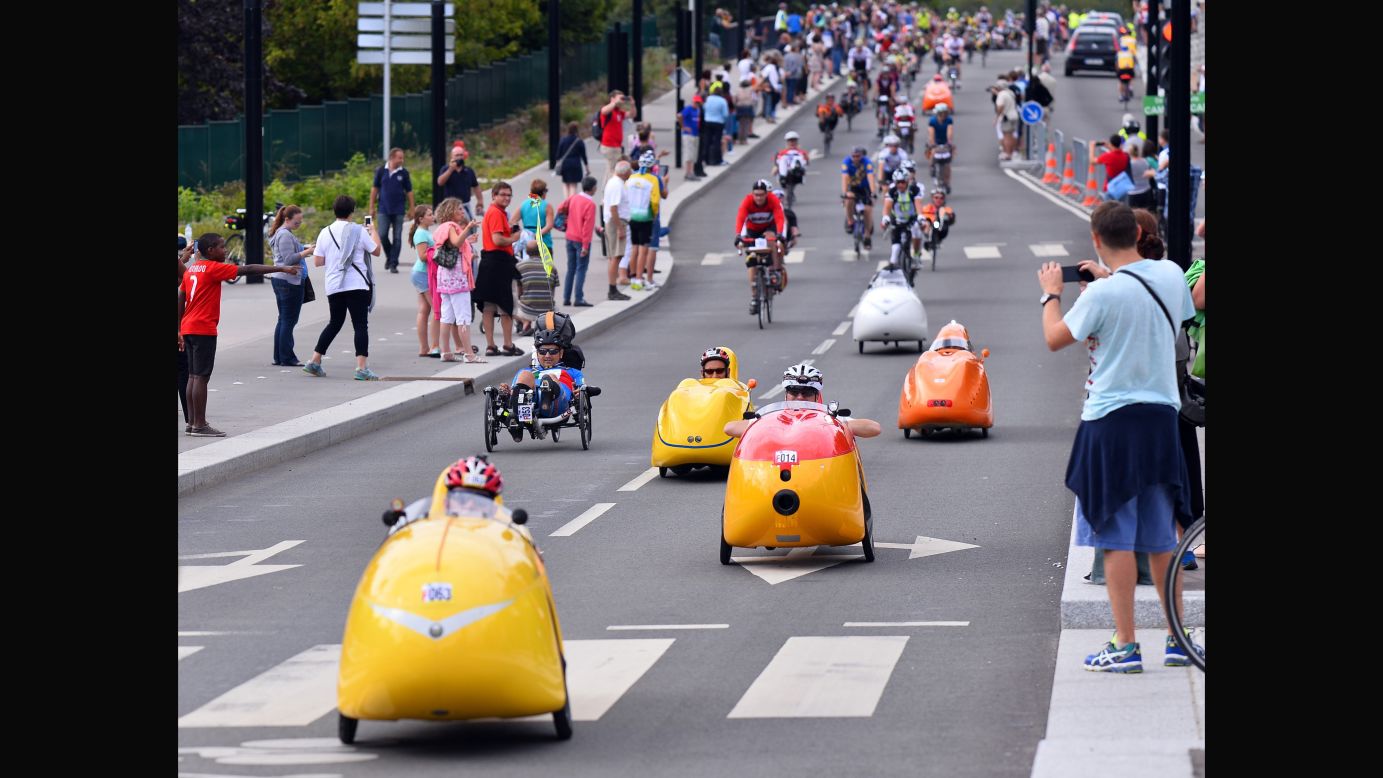 Cyclists start the Paris-Brest-Paris race in Saint-Quentin-en-Yvelines, France, on Monday, August 17. The race spans 1,200 kilometers (746 miles).