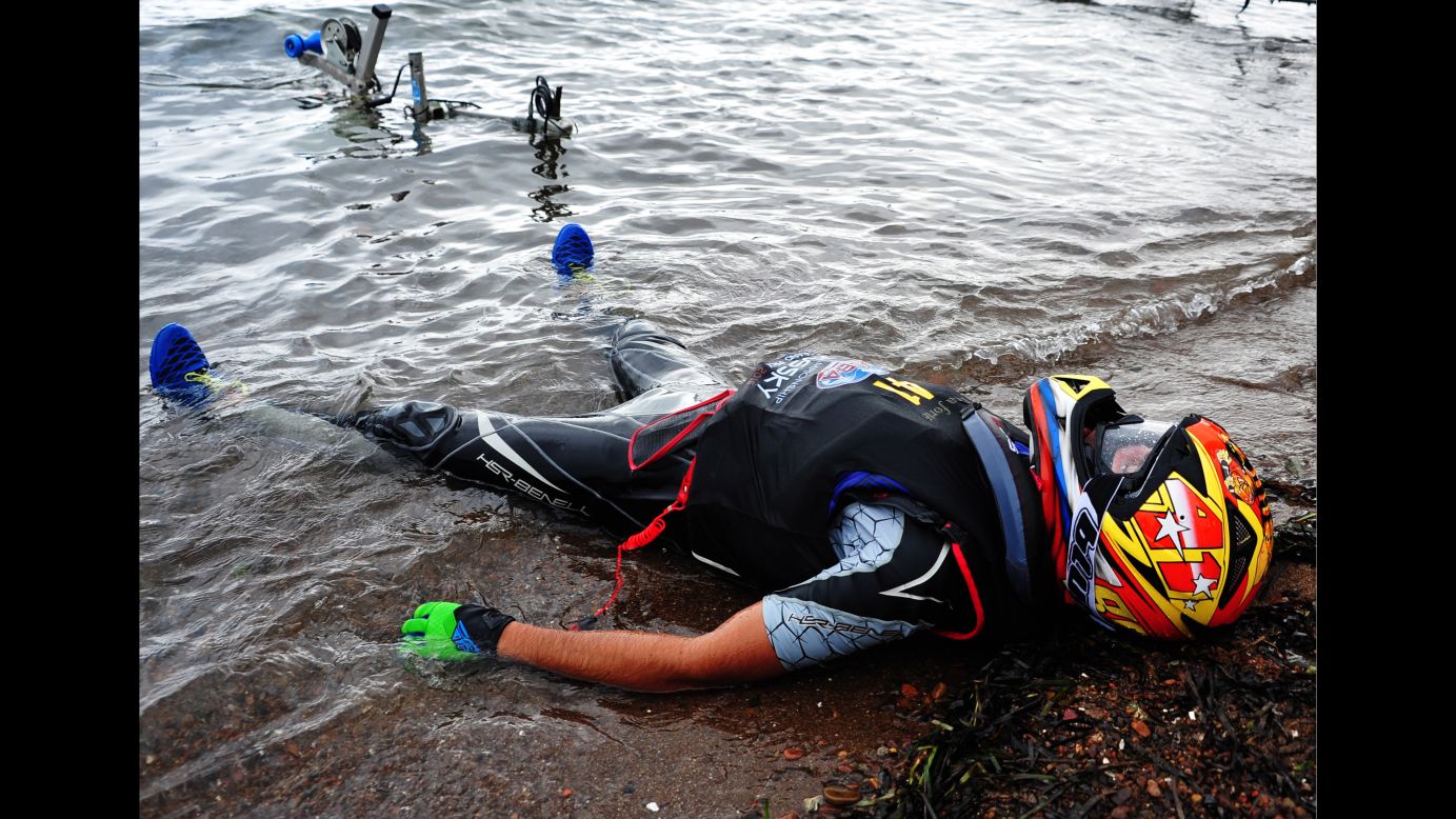 Jet ski rider Christian D'Agostin rests in Vladivostok, Russia, after competing in the final round of the JetRacer Endurance World Tour Championship on Wednesday, August 12.