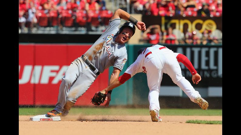 Miami's Derek Dietrich is caught stealing second base during a Major League Baseball game in St. Louis on Sunday, August 16.