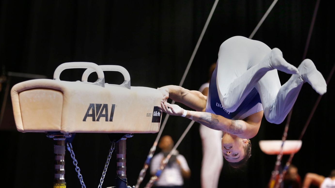Paul Ruggeri III falls off the pommel horse during the P&G Gymnastics Championships on Sunday, August 16.