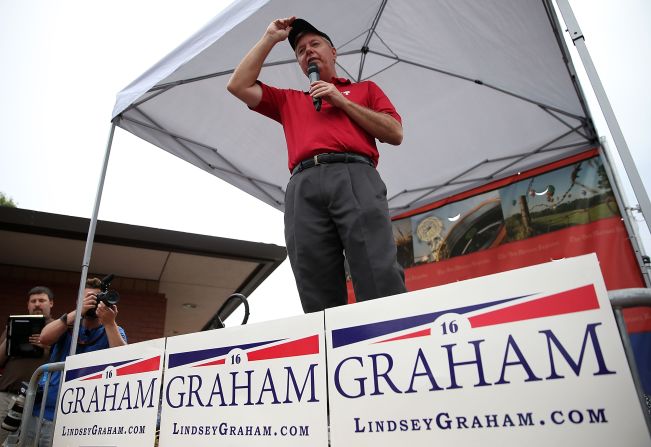 Republican presidential candidate and U.S. Sen. Lindsey Graham, R-South Carolina, speaks to fairgoers on Monday, August 17.