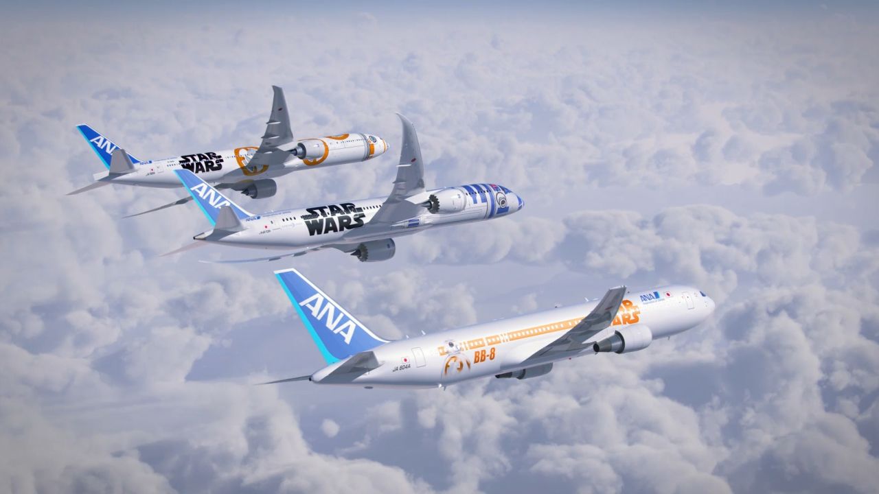 In 2015, ANA Airlines revealed three new "Star Wars"-themed planes, dedicated to the characters BB-8 and R2-D2. 