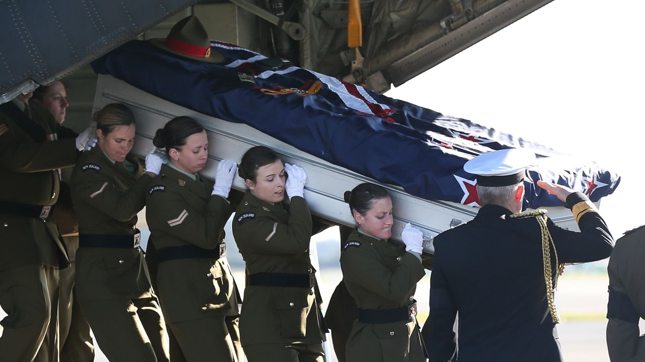 Female pallbearers carry the coffin of Lance Cpl. Jacinda Baker, a New Zealand soldier who was fatally wounded in Afghanistan in 2012.