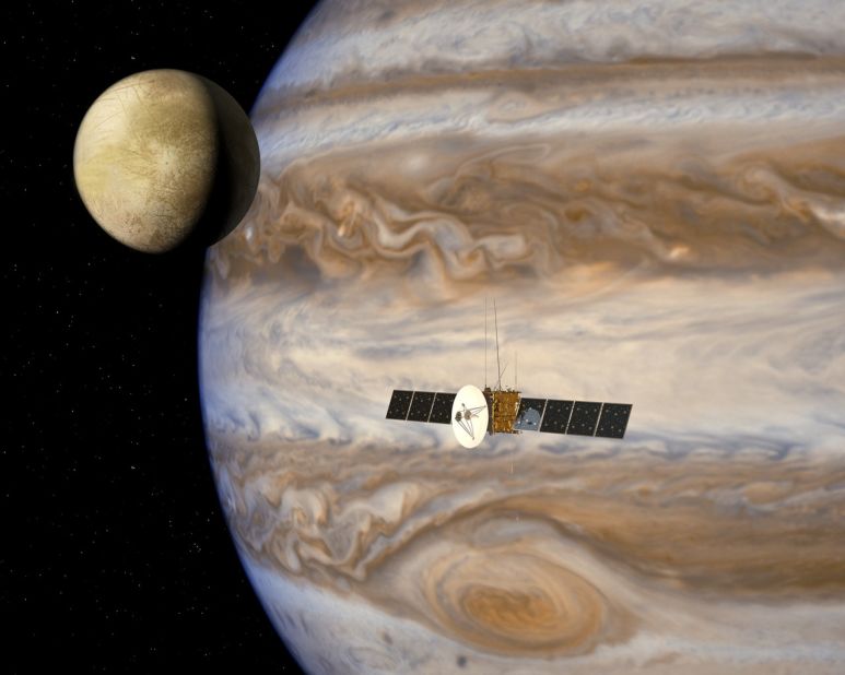 Are there are oceans on any of Jupiter's moons? The Juice probe shown in this artist's impression aims to find out. Picture courtesy of ESA/AOES