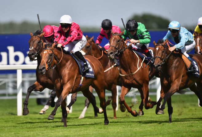 Bell leads the chasing pack riding Shell Bay at the Shergar Cup at Ascot Racecourse on August 8, 2015. The girl from Co. Antrim was the first apprentice jockey to take part in the professional team event.