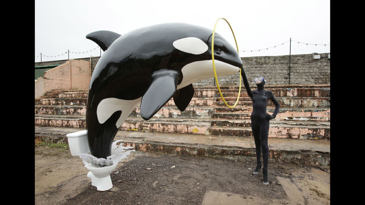 This killer whale jumping out of a toilet piece by Banksy was also on the grounds.