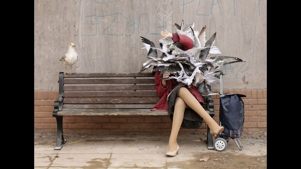 Over 50 artists from 17 countries were represented among the works shown. Banksy contributed a selection of new works of his own, including this installation of a woman being attacked by seagulls.