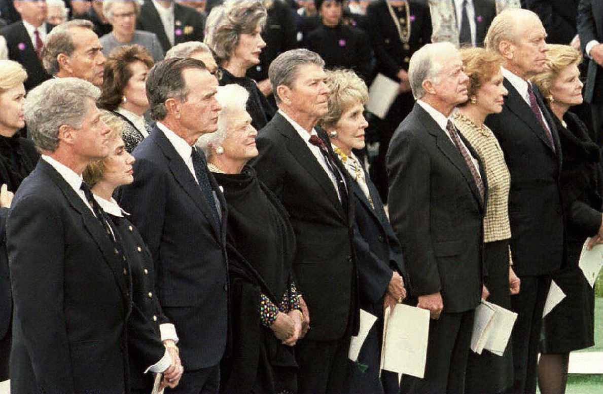 President Bill Clinton, Carter and other former U.S. Presidents stand with their wives during Richard Nixon's funeral in Yorba Linda, California, in April 1994.