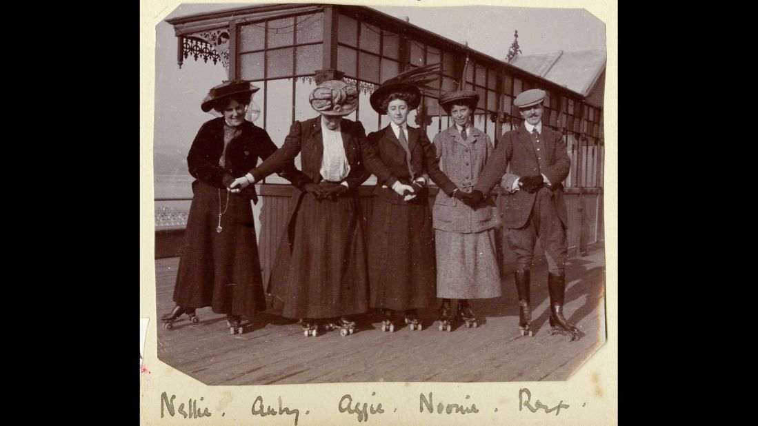 Christie's only grandson, Mathew Prichard, says his grandmother was an extremely modern woman in her youth. Here she is seen (in center) rollerskating with friends on Torquay pier in about 1911.