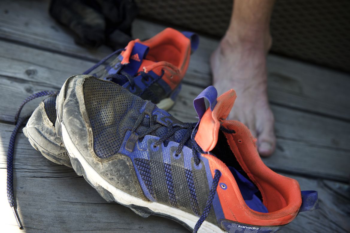 Steindl's battered trainers -- and tender feet -- at the end of his epic run.