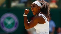 LONDON, ENGLAND - JULY 11:  Serena Williams of the United States celebrates winning a point in the Final Of The Ladies' Singles against Garbine Muguruza of Spain during day twelve of the Wimbledon Lawn Tennis Championships at the All England Lawn Tennis and Croquet Club on July 11, 2015. (Julian Finney/Getty Images)