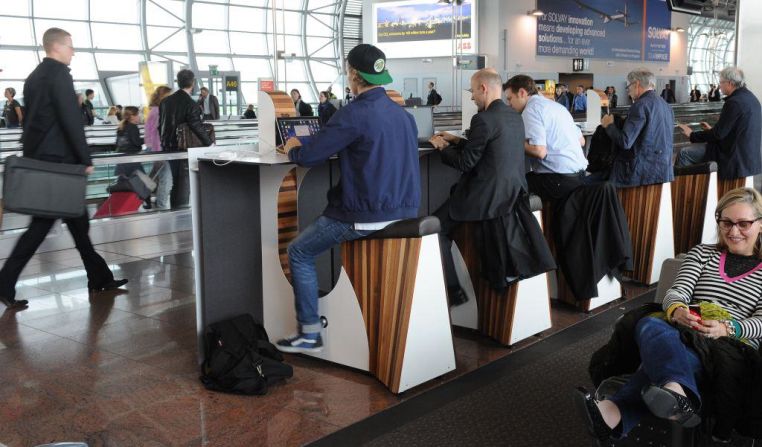 More airports are also encouraging passengers to exercise in order to boost their serotonin levels. At Brussels Airport (pictured) and Amsterdam's Schiphol, travelers can charge their mobile devices by riding stationary bikes. 
