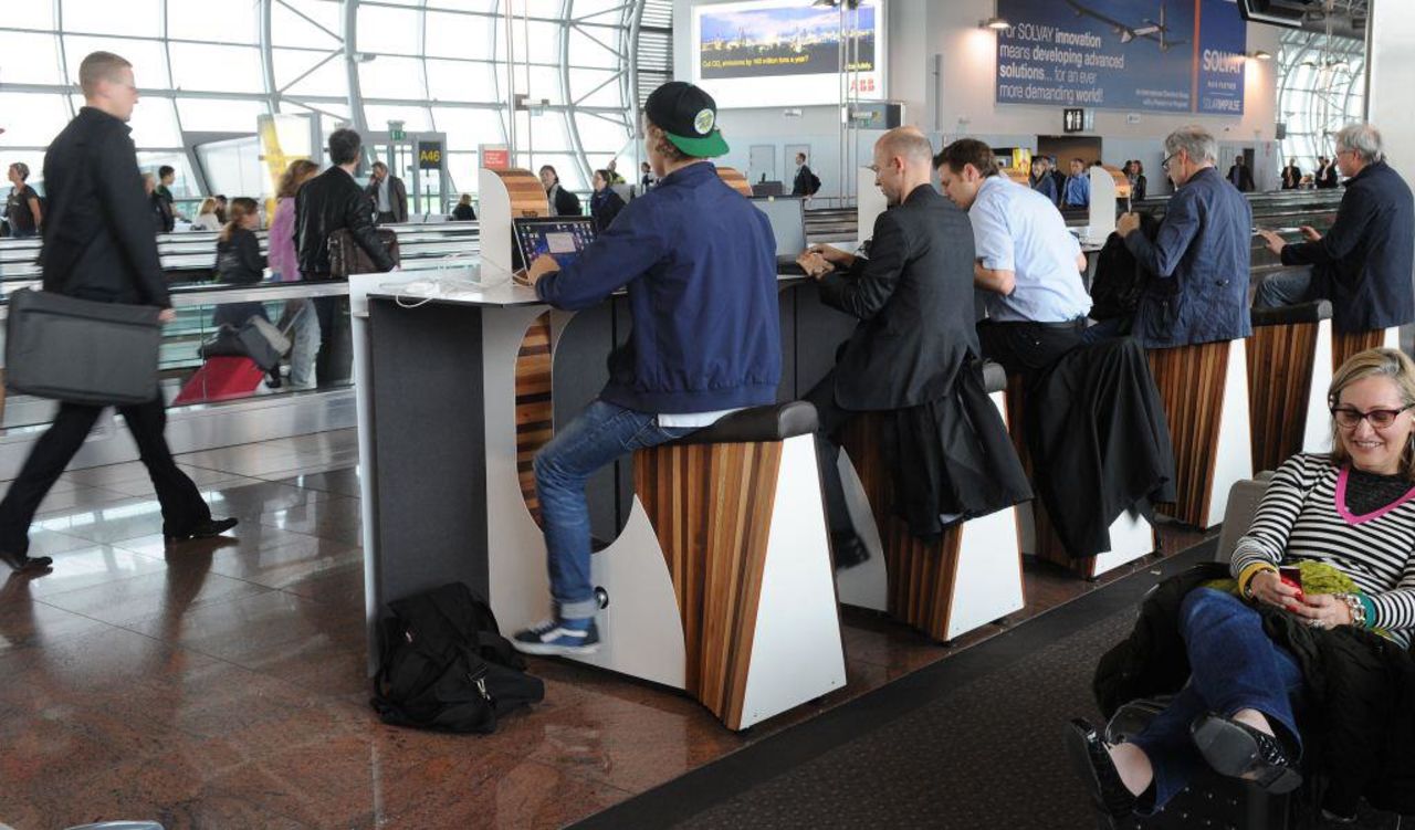 More airports are also encouraging passengers to exercise in order to boost their serotonin levels. At Brussels Airport (pictured) and Amsterdam's Schiphol, travelers can charge their mobile devices by riding stationary bikes. 