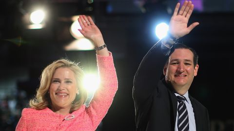 Cruz and his wife wave to the crowd at Liberty University after he announced his presidential candidacy in Lynchburg, Virginia, on March 23, 2015.