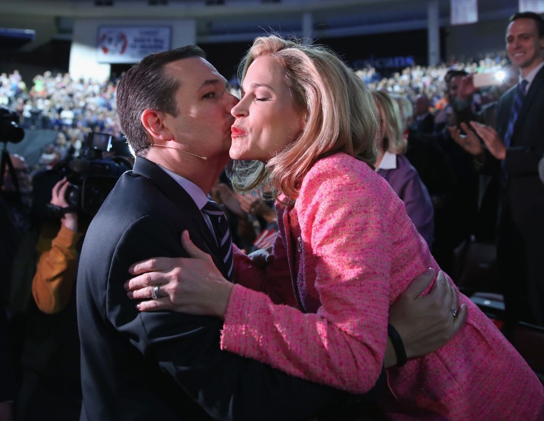 Cruz kisses his wife Heidi Cruz before walking onstage to speak at Liberty University to announce his presidential candidacy March 23, 2015 in Lynchburg, Virginia. 