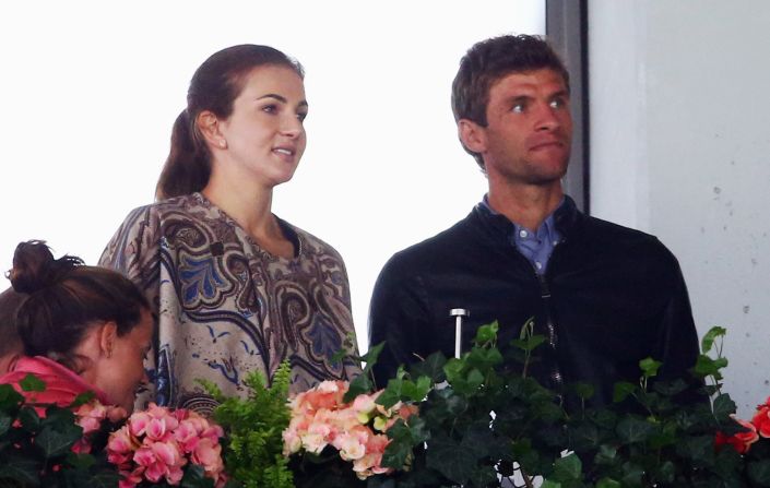 FIFA World Cup winner Thomas Mueller watched the dressage action with his wife Lisa -- an aspiring dressage rider.<br />In March, the <a href="index.php?page=&url=http%3A%2F%2Fedition.cnn.com%2F2015%2F03%2F11%2Fsport%2Fequestrian-thomas-muller-lisa-germany-bayern%2F">Bayern Munich star told CNN</a> how much he enjoys being around horses. "They make me feel comfortable, the attitude and what they look like and [the way they] live their lives. It's fun. It's easy to relax around horses," he said.