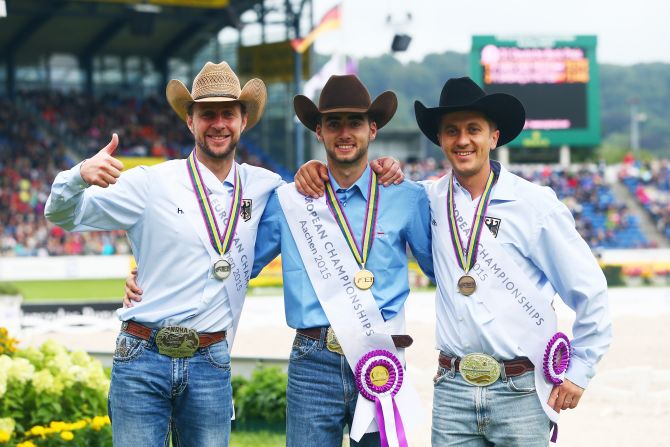 Ludwig and his Germany teammates had to settle for silver behind Italy in the team competition with the Netherlands taking bronze. It was a similar story for the hosts in the individual event with Italy's Giovanni Masi de Vargas (center) taking top prize with Ludwig (left) second and compatriot Elias Ernst finishing third.