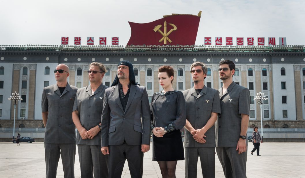Members of Laibach pose at the Kim Il-sung Square before their performance in North Korea.