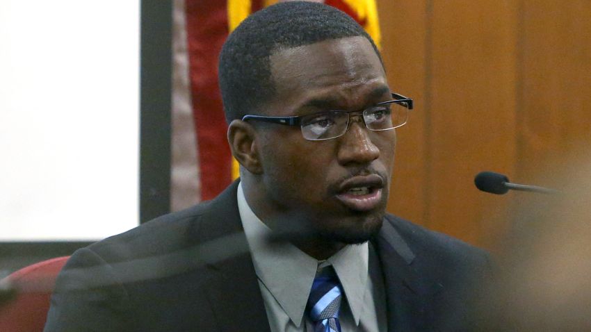 In this photo taken on Thursday, Aug. 20, 2015, Sam Ukwuachu takes the stand during his trial at Wacos 54th State District Court, in Waco, Texas. The one-time All-American who transferred to play football at Baylor University has been convicted of sexually assaulting a fellow student athlete in 2013.  (Jerry Larson/Waco Tribune-Herald via AP) MANDATORY CREDIT