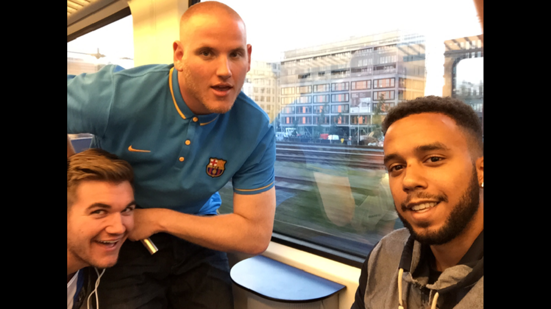 Americans Alek Skarlatos (from left), Spencer Stone and Anthony Sadler helped tackle a gunman aboard a high-speed train.