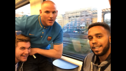 From left, Alek Skarlatos, U.S. Airman First Class Spencer Stone and Anthony Sadler aboard the Paris-bound train in France just hours before they foilied an attack by a shirtless man wielding a Kalashnikov aboard a high-speed Thalys train from Amsterdam to Paris on Friday, August 21.