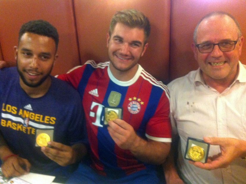From left:  Anthony Sadler, from Pittsburg, California, Alek Skarlatos from Roseburg, Oregon, and British national Chris Norman -- who is living in France -- hold medals they received for stopping a gunman on a European train.
