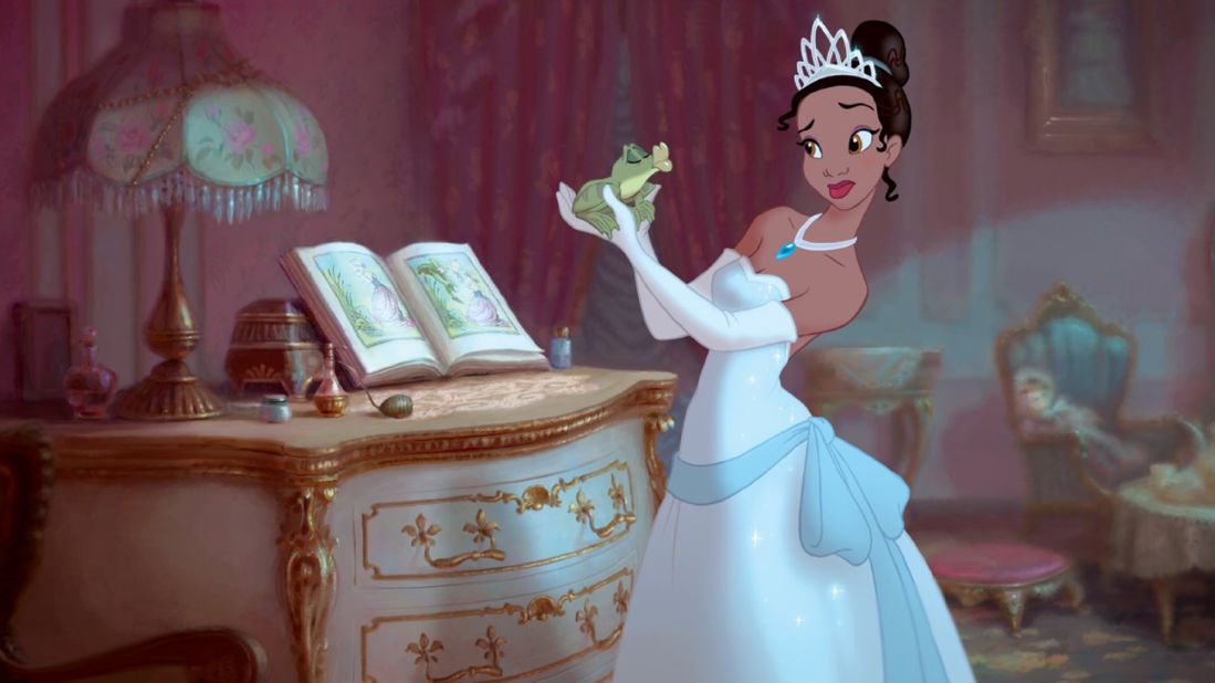 From "The Princess and the Frog": Frog Prince Naveen and Princess Tiana. The ninth Disney princess and the first of African-American heritage, Tiana dreams of opening her own restaurant, but an adventure in the New Orleans bayou awaits.