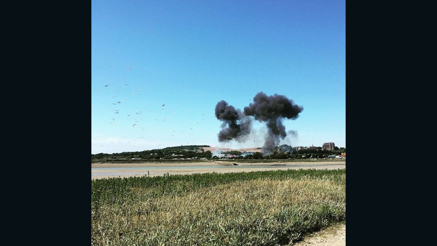 Instagram user @sousanka was at the Shoreham Airshow, UK when a jet crashed, killing up to 20 people Saturday. She shared this photo of smoke rising from the scene. 