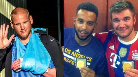 Americans Spencer Stone (from left), Anthony Sadler, and Alek Skarlatos helped tackle a gunman aboard a high-speed train.