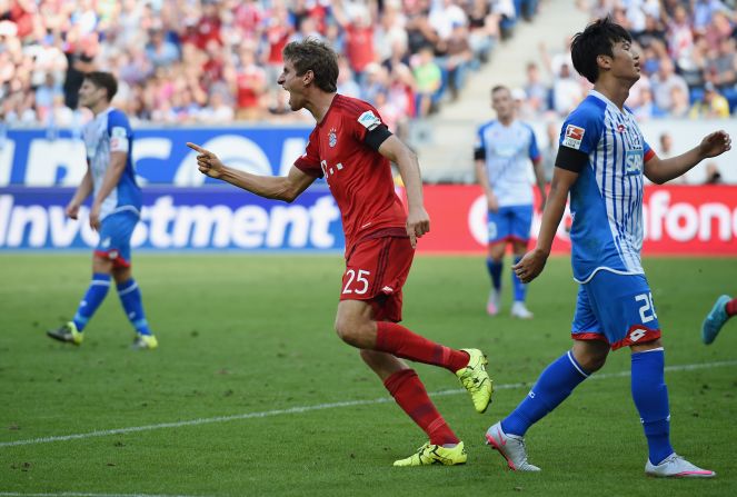 Thomas Muller leveled just before halftime, forcing in the loose ball with his thigh after a cross by Douglas Costa was only parried by Hoffenheim goalkeeper Oliver Baumann. 