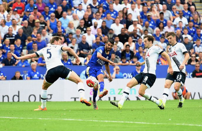 Leicester tops the table above United on goal difference after Riyad Mahrez scored his fourth goal this season to earn a 1-1 draw at Tottenham.  