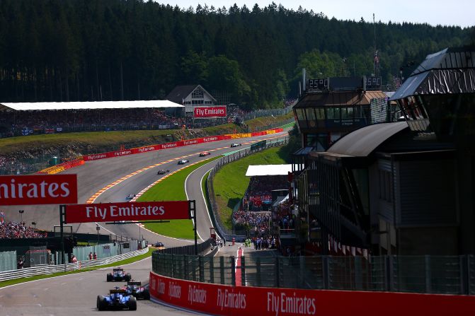 Drivers make their way up l'Eau Rouge during the 2015 Formula One Grand Prix of Belgium at Circuit de Spa-Francorchamps.