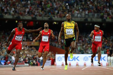 Bolt of Jamaica won in the Men's 100m final at the World Athletics Championships Beijing 2015 Sunday with a time of 9.79 seconds.