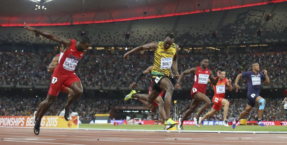 Usain Bolt crosses the finish line to win 100m gold at the 2015 World Athletics Championships.