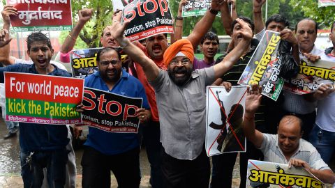 Indian protesters shout anti-Pakistan slogans in New Delhi on August 9, 2015.