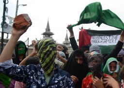 Kashmiri Muslims shout pro-Pakistan slogans during a protest against Indian rule in Srinagar, India, on August 21, 2015.