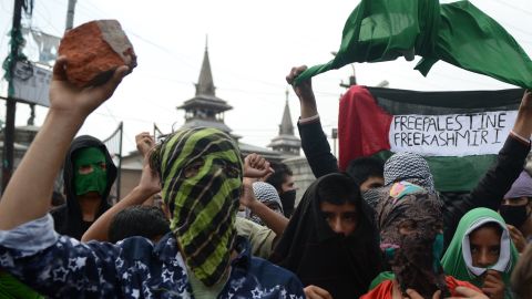 Kashmiri Muslims shout pro-Pakistan slogans during a protest against Indian rule in Srinagar, India, on August 21, 2015.