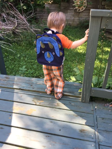 Evan in White Lake, Michigan, is not yet ready for school, but the 2-year-old sure is ready for a backpack! His mom tells us his personalized dino pack contains his own Android tablet for kids as well as crayons and a sketchbook.